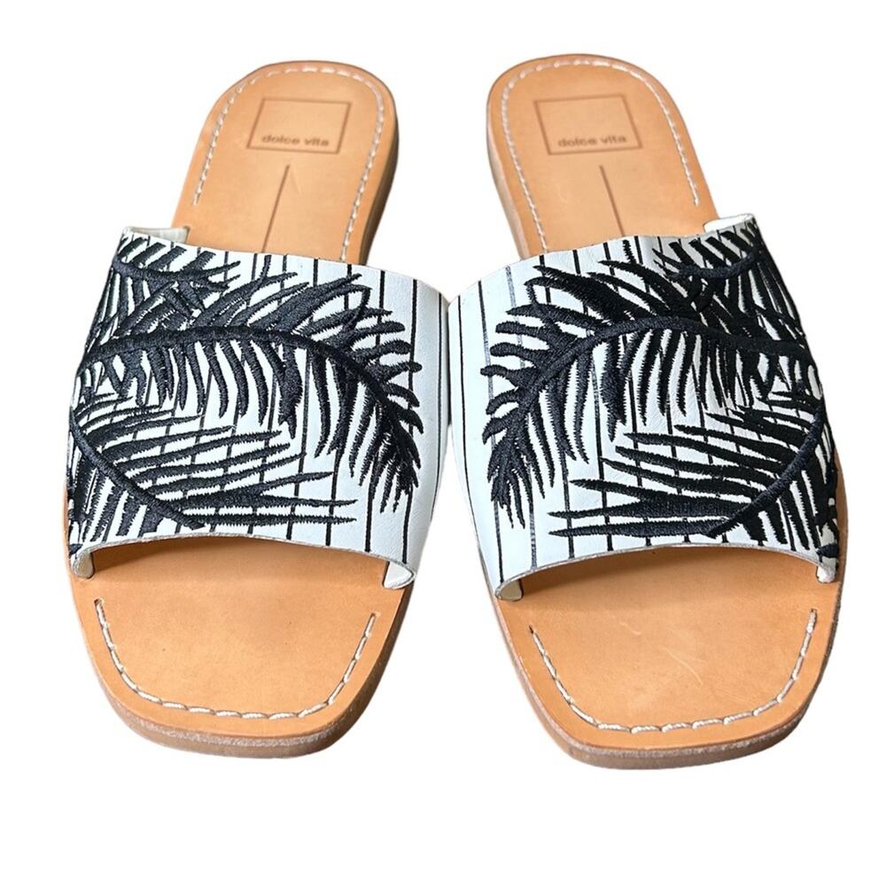 DOLCE VITA Shoes Sandals Size 9 Cato Flat White Leather Black Embroidered Slide
